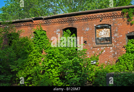 verlassen die alten Fabrikgebäude, das jetzt seine verbraucht von der Natur und ihren grünen niedergebrannt wurde. Stockfoto