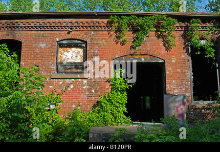 verlassen die alten Fabrikgebäude, das jetzt seine verbraucht von der Natur und ihren grünen niedergebrannt wurde. Stockfoto