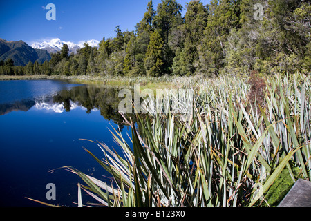 MT Cook und Mt tasman und ihre Reflexion auf der Südinsel Lake Matheson Neuseeland Stockfoto