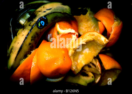 Orange und Banane schälen, in Lebensmittel-Abfall-recycling container Stockfoto