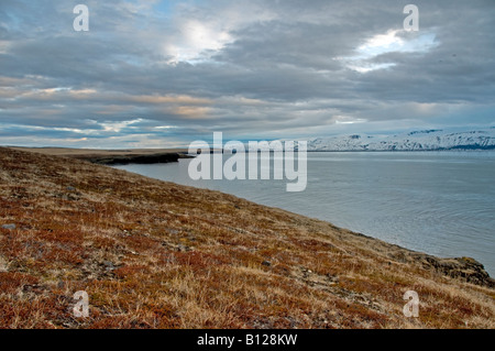 Sonnenuntergang über Skjalfandafloi Bay, Husavik, Island Stockfoto