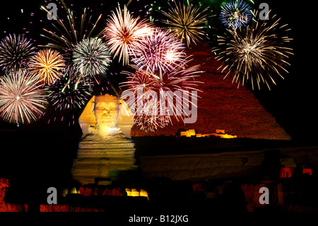 SON ET LUMIERE GROßE PYRAMIDE SPHINX RUINEN GIZEH KAIRO ÄGYPTEN Stockfoto