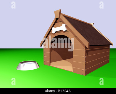 3D Abbildung eines großen hölzernen Hundehütte oder Zwinger mit einer Schüssel Wasser Stockfoto