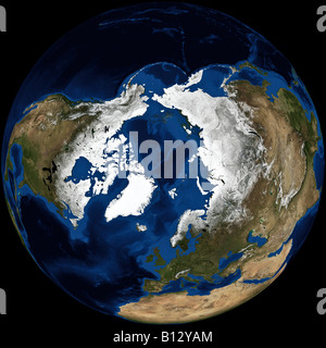 Echtfarbe Terra/MODIS Satellitenbild der Erde in orthogonale Projektion, zentriert auf den Nordpol gerendert. Stockfoto