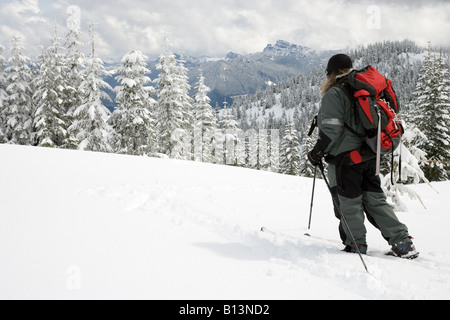 Überqueren Sie Land Skifahrer auf den Mount Tahoma Trails in der Nähe von Mount Rainier mit dem Sägezahn-Grat im Hintergrund. Stockfoto