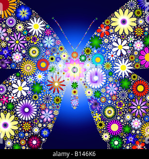 Schmetterling Abbildung erstellt mit digitalen Blumen auf blauem Grund gradient Stockfoto
