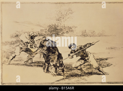 Bildende Kunst, Goya y Lucientes, Francisco de (1746 - 1828), Grafik, "Eine andere Art der Jagd zu Fuß', von 'Tauromachia' (Stierkampf), 1816, private Collection, Artist's Urheberrecht nicht gelöscht werden Stockfoto