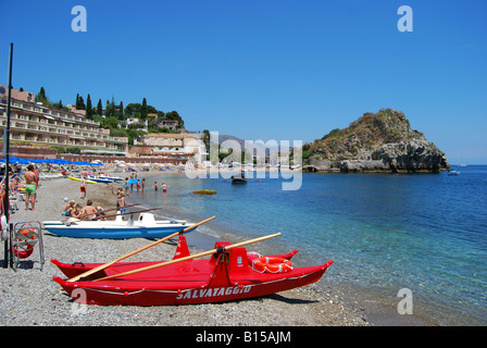 Mazzaro Strand, Taormina, Provinz Messina, Sizilien, Italien Stockfoto