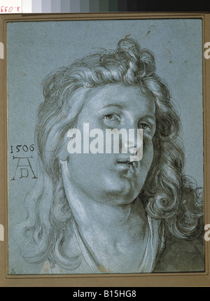 Bildende Kunst, Dürer, Albrecht (1471-1528), "Kopf eines Engels", Zeichnung, 1506, Artist's Urheberrecht nicht gelöscht werden Stockfoto