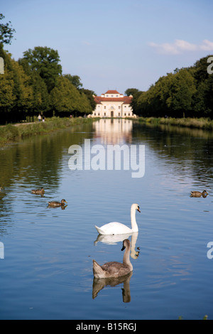 Deutschland, Bayern, Schwimmen Schwäne und Enten vor Schloss Lustheim Stockfoto