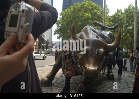 Touristen posieren für Fotos vor der Wall Street Bull am Broadway in Lower Manhattan in New York Stockfoto