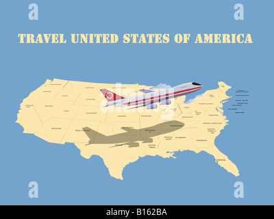 Vereinigte Staaten von Amerika reisen: ein Passagierflugzeug über die USA-Karte Stockfoto
