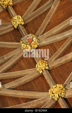 Von Chester, England. Die dekorative geschnitzte Decke über Chester Kathedrale Kirchenschiff. Stockfoto