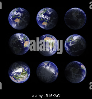 Planeten Erde, höchste Auflösung, realen Topographie rendern. Verschiedene Ansichten und anderen Zeitpunkt des Tages: Tagesansicht, Nachtansicht Stockfoto
