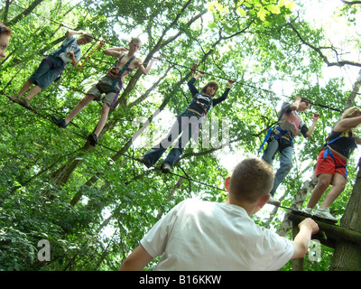 Studenten, die zu Fuß über Seil in den Bäumen am Schullandheim Stockfoto