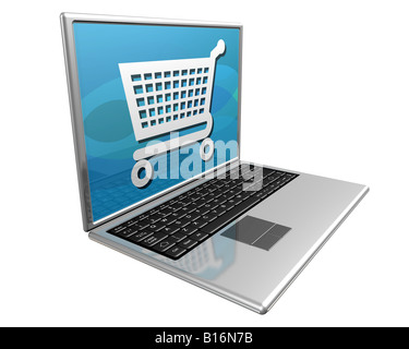 Laptop-Computer zeigt ein shopping trolley vertreten Einkaufen im Internet Stockfoto