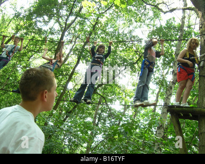 Studenten, die zu Fuß über Seil in den Bäumen am Schullandheim Stockfoto