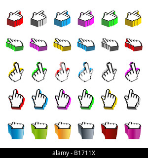 Vektor-Illustration von 30 verschiedenen Browser Hand-Computer-Cursor und Zeiger in verschiedenen Farben Stockfoto