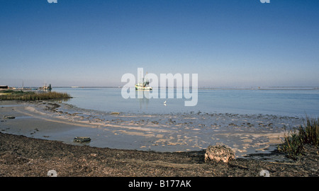 Ein krabbenkutter nach Rockport, Texas, gleitet auf dem ruhigen Wasser des Golfs von Mexiko gerade weg von Aransas Pass, Texas Stockfoto