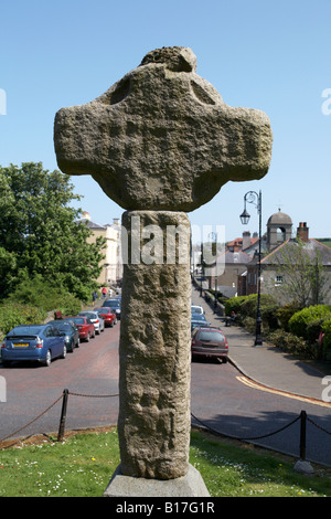 verwitterter Granit keltischen hohe Kreuz unten Kathedrale Downpatrick Grafschaft, Nord-Irland Stockfoto