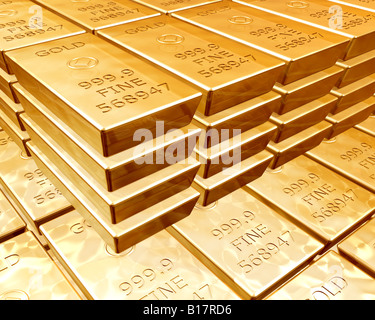 Stapel von reinen Goldbarren auf Pfählen von Goldbarren Stockfoto
