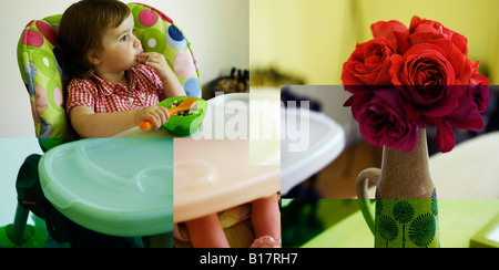 Fotomontage zusammengesetzte Hockney Stil Mädchen weibliche Kleinkind rote Rosen Fütterung Babystuhl Sitz kulinarisches Abendessen Mittag essen Stockfoto