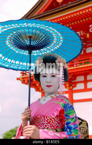 Maiko Lehrling Geisha mit Sonnenschirm am Kiyomizu Tempel Kyoto Japan Stockfoto