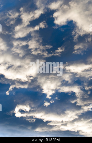 Weiße Wolkenfetzen gegen einen tiefen azurblauen Himmel in Boulder, Colorado, USA Stockfoto
