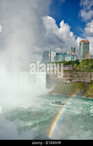 Blick auf den Horseshoe Falls mit Niagara Falls Ontario, Kanada Skyline im Hintergrund fotografiert von der amerikanischen Seite bei Terrap Stockfoto