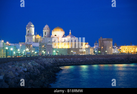 Campo del Sur und Kathedrale. Nachtansicht. Cadiz. Andalusien. Spanien. Stockfoto