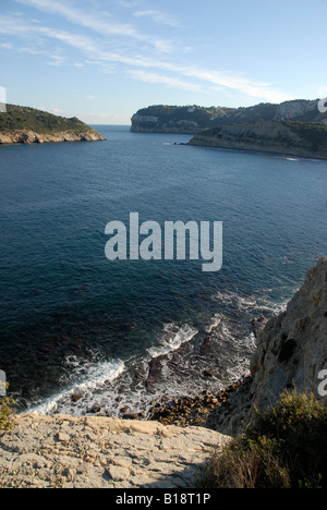 Blick vom Cabo de San Martin zu betauchen Insel & Cabo De La Nao, Javea, Alicante Provinz, Comunidad Valenciana, Spanien Stockfoto