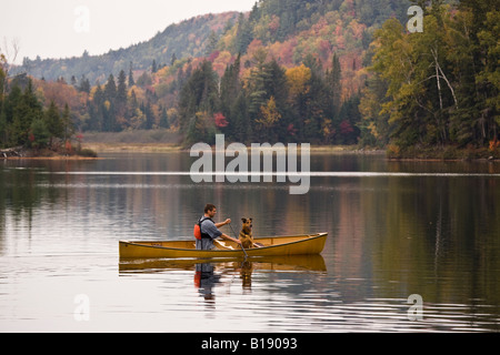 Junger Mann mit Hund auf Habichtsbitterkraut See Kanu fahren im Herbst, Mukoka, Ontario, Kanada. Stockfoto