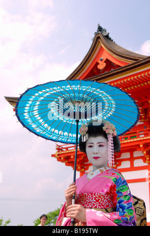 Maiko Lehrling Geisha mit Sonnenschirm am Kiyomizu Tempel Kyoto Japan Stockfoto