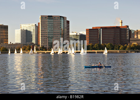 MASSACHUSETTS Boston Group von Segelbooten am Charles River Basin zwischen Cambridge und Stadt Skyline Mann Kajak Stockfoto