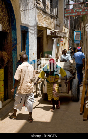 Kenia, Lamu Insel Lamu. Ein Mann zieht ein Handwagen durch die engen Gassen der Stadt Lamu. Lamu ist ein UNESCO-Welterbe. Stockfoto