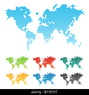 Vektor-Illustration einer Weltkarte machte der Quadrate Pixel sieben verschiedenen Farbvariationen isoliert