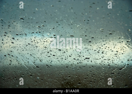 Regentropfen auf Glas Stockfoto