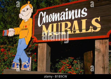 Chemainus, Vancouver Island, BC, Britisch-Kolumbien, Kanada - Willkommensschild, Chemainus Wandbilder Stockfoto