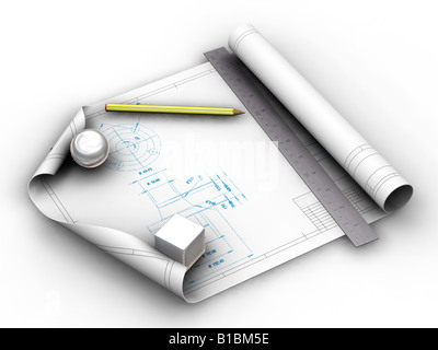 3D-Render Baupläne mit Bleistift Stockfoto
