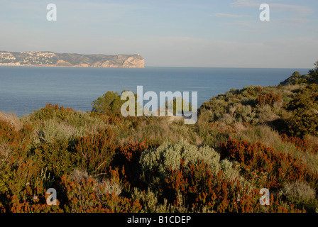 Dawn-Blick vom Cap Prim, Cabo San Martin in Javea & Cabo De La Nao, Comunidad Valenciana, Provinz Alicante, Spanien Stockfoto