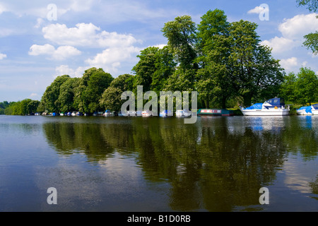 Blick auf den Fluss Themse in Pangbourne West Berkshire England UK mit Bäumen spiegelt sich im Wasser und kleine Boote vertäut am Ufer Stockfoto