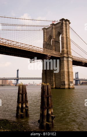 Brooklyn Bridge von Empire Fulton Ferry Park, Brooklyn gesehen. Stockfoto