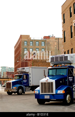 Zwei Gefrierschrank LKW sitzen im Fleisch Verpackung Bezirk von Chicago, IL. Stockfoto