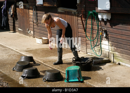 Frau Wasch- und Reinigungsmitteln Pferd Futter Schalen und Kautschuk-Eimer Stockfoto