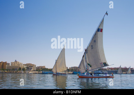 Feluke Segelboot Verkehr auf dem Nil bei Assuan, Ägypten Stockfoto