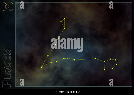 Sternzeichen - Fische Konstellation, mit Zeichen und Namen des Tierkreises. Vor Raum Galaxie Hintergrund Stockfoto