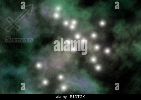Tierkreis - Sternbild Schütze, mit Zeichen und Namen des Tierkreises. Vor Raum Galaxie Hintergrund Stockfoto