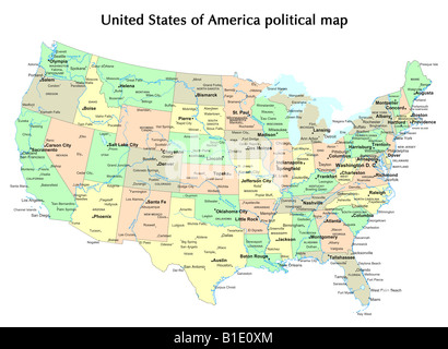 Vereinigte Staaten von Amerika politische Karte mit Staaten und Hauptstadt Stockfoto