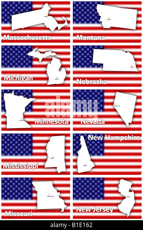 USA Staaten Konturen mit der Hauptstadt gegen unscharfe amerikanische Flagge von Massachusetts nach New Jersey alphabetisch Stockfoto