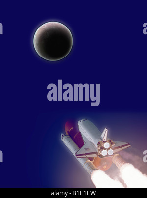 Konzeptuelle Ansicht der NASA Space Shuttle Atlantis in Richtung Mars abheben Stockfoto